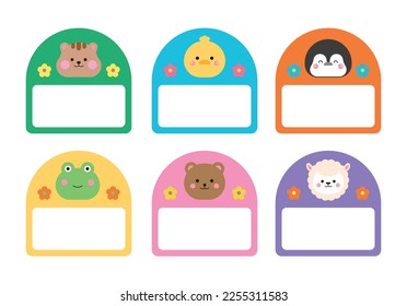 A collection of cute name label designs with animal character concepts. Squirrel, cat, frog, rabbit, mouse, penguin, bear, pig, duck illustrations. Can be used in schools, kindergartens.