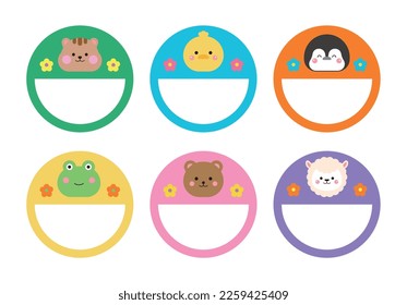 A collection of cute name label designs with animal character concepts. Squirrel, frog, penguin, bear, duck, llama illustrations. Can be used in schools, kindergartens.