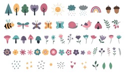 A Collection Of Cute Natural Elements. Cartoon Hand-drawn Flowers, Butterflies, Plants, Mushrooms. Vector Illustration For T-shirt Print, Poster, Invitation, Postcard, Nursery Decor