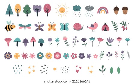 A collection cute natural elements  Cartoon hand  drawn flowers  butterflies  plants  mushrooms  Vector illustration for T  shirt print  poster  invitation  postcard  nursery decor