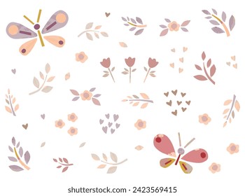 Una colección de bonitos elementos naturales. Flores dibujadas a mano, mariposas. Ilustración vectorial para la impresión de camisetas, afiche, invitación, postal, decoración de guardería
