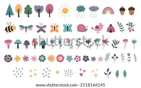 A collection of cute natural elements. Cartoon hand-drawn flowers, butterflies, plants, mushrooms. Vector illustration for T-shirt print, poster, invitation, postcard, nursery decor