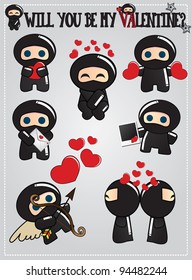 Collection of cute ninja characters holding and sending hearts and love messages for Valentine's day, vector