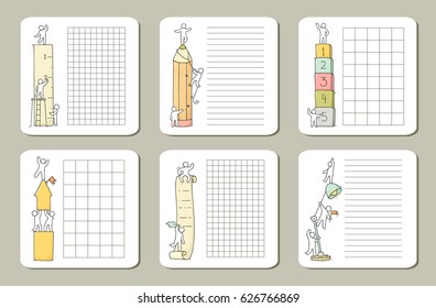 Collection of cute notes for cards, stickers, tags with people. Template for wrapping, notebooks, diary, school accessories. Doodle hand-drawn vector illustration with stationery for kids.