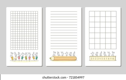 Collection of cute notes for cards, stickers, tags with people. Template for wrapping, notebooks, diary, school accessories. Doodle hand-drawn vector illustration with stationery for kids.