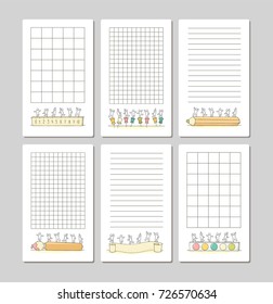 Collection of cute notes for cards, stickers, tags with people. Template for wrapping, notebooks, diary, school accessories. Doodle hand-drawn vector illustration with stationery for kids.