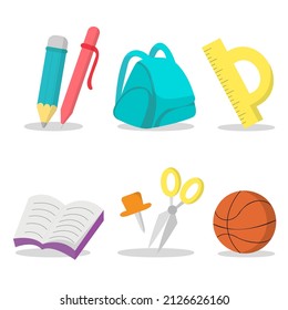 Collection of cute object or items for school supplies of little children in cartoon style with education concept, flat design vector illustration