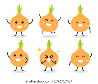 Collection of cute onion character in various poses isolated on white background. Funny vegetable cartoon. Flat vector graphic design illustration for infographic, children book, and farm concept.