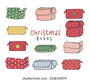 collection of cute opened Christmas gift boxes doodle hand drawn vector