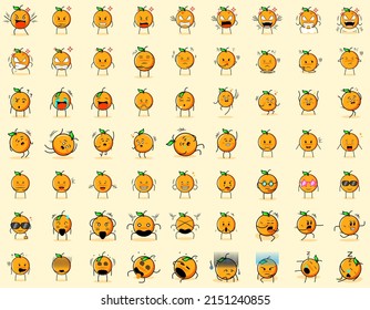 collection of cute orange cartoon character expressions. angry expression, thinking, crying, sad, confused, flat, happy, scared, shocked, dizzy, hopeless, sleeping. suitable for emoticon and mascot