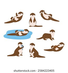 collection of cute otter, floating in the water, relaxing, touching face, eating fish, standing and raise baby otter illustration