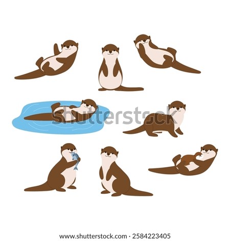 collection of cute otter, floating in the water, relaxing, touching face, eating fish, standing and raise baby otter illustration