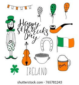 Collection of cute outline symbols of Saint Patricks Day. Different elements in doodle style for design of holiday  cards, invitations, posters and others.