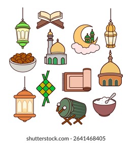 A collection of cute outline vector icons related to Ramadan Kareem and Eid celebrations. Includes lantern, dates, mosque, moon, ketupat, prayer rug, drum, food.