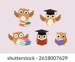 collection of cute owl character wearing eyeglass reading book, happy owl cartoon on stacked book, adorable owl raising wing, holding book illustration vector