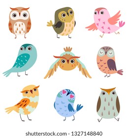 Collection of Cute Owlets, Colorful Adorable Owl Birds Vector Illustration on White Background