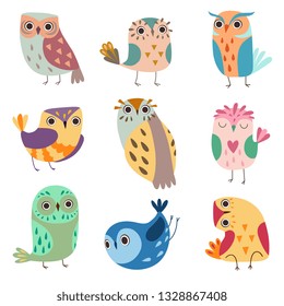 Collection of Cute Owlets, Colorful Adorable Owl Birds Vector Illustration