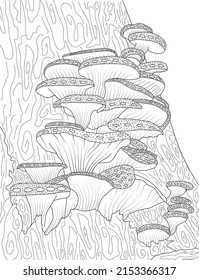 A collection of cute oyster mushrooms fantasy coloring page line art with abstract  tree 