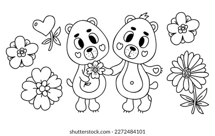 Collection cute pair in love bears with flowers. Vector illustration in doodle style. Isolate outline drawings. Funny cute animal characters