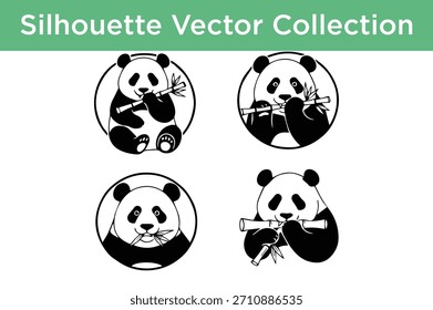 A collection of cute panda bear silhouettes in vector format, depicted eating bamboo. Ideal for icons, logos, or graphic design elements.