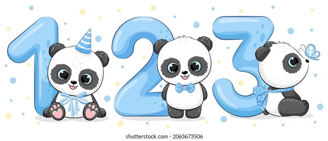 Collection of cute panda boys "HAPPY birthday, 1,2,3 years". Vector illustration of a cartoon.