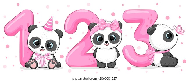 Collection of cute panda girls "HAPPY birthday, 1,2,3 years". Vector illustration of a cartoon.