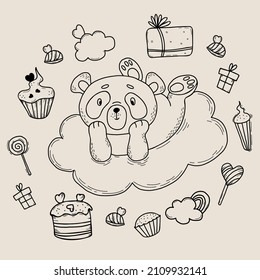 Collection with cute panda on cloud. All around there are gifts, sweets, cakes and sweets, lollipop and rainbow. Vector illustration. Set of linear hand drawings with cute animal for kids collection