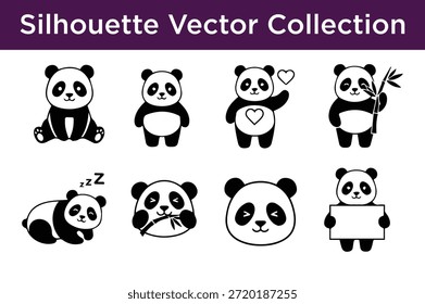 Colección de lindas siluetas de panda aisladas sobre fondo blanco