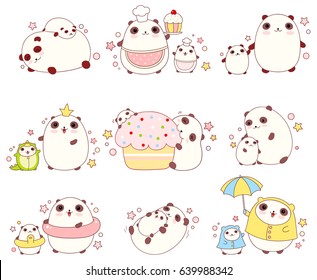 Collection of cute pandas with cubs in different situations (sleeping, eating, bathing, walking outdoor) and costumes (chef, king, dragon), in kawaii style. EPS8