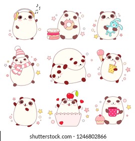 Collection of cute pandas in different situations (sleeping, eating, walking) in kawaii style. EPS8