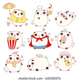 Collection of cute pandas in different situations (sleeping, eating, bathing, walking outdoor) and costumes (chef, superhero), in kawaii style