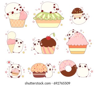 Collection of cute pandas with vanilla and strawberry ice cream in waffle cones, cupcakes with cream and berry. In kawaii style with smiling faces, pink cheeks and winking eyes. For sweet design. EPS8