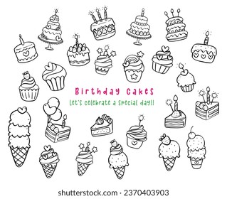 Collection of cute pastel birthday cake and ice cream doodle outline illustrations, perfect for adding fun and cheer to your celebration designs. Ideal for invitations, cards, coloring page and more.