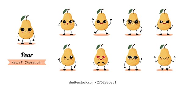 Collection of cute pear characters expressing diverse emotions and poses. Vector illustration