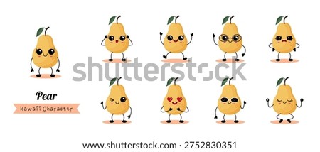 Collection of cute pear characters expressing diverse emotions and poses. Vector illustration