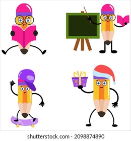 Collection of cute pencil cartoon illustration characters perfect for logos and more