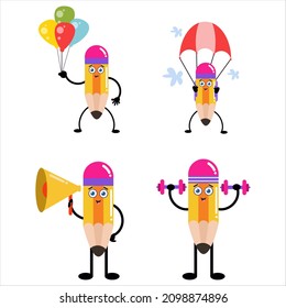 Collection of cute pencil cartoon illustration characters perfect for logos and more