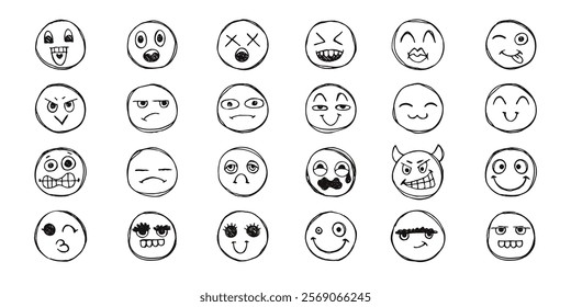 Coleção de Lápis bonito desenhado ícones no papel, rostos Smiley com efeito Grunge. Rabiscar faces de esboço. Lindas e cômicas expressões emoticon de arte.