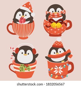 The collection of cute penguin in the christmas cup in flat vector style. Graphic resource about christmas theme for graphic,content , banner, sticker label and greeting card.