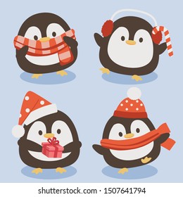 The collection of cute penguin in christmas theme in flat vector style. Graphic resource about penguin for  graphic,content , sticker and greeting card.