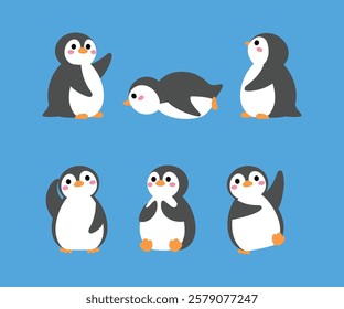 collection of cute penguin, sitting, raising wing, looking up, sliding, confuse, embracing, funny adorable penguin cartoon illustration