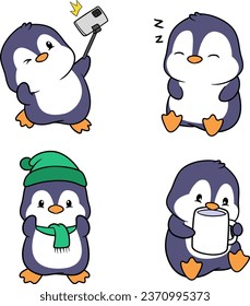 a collection of cute penguins doing fun activities, with kawai and cartoon style illustrations