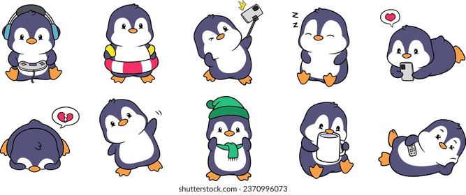 una colección de pingüinos lindos haciendo actividades divertidas, con ilustraciones de estilo kawai y dibujos animados