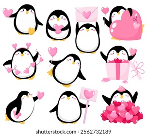 Collection of cute penguins with hearts, penguins for February 14. Valentine's Day.