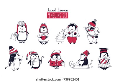 Collection of cute penguins wearing different winter clothing and hats isolated on white background. Set of cartoon arctic animals riding on sled, skiing, holding Christmas gifts. Vector illustration.