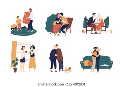 Collection of cute people giving holiday gifts or presents to each other. Bundle of scenes with adorable happy men and women making surprises. Colorful vector illustration in flat cartoon style.