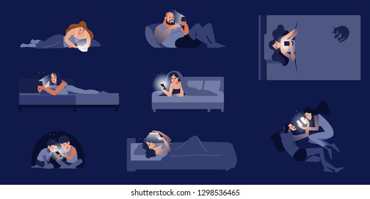 A collection of cute people lying on the bed talking on the phone. Lots of men and women chatting on social networks. Colorful flat cartoon style isolated vector illustration