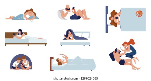 A collection of cute people lying on the bed talking on the phone. Lots of men and women chatting on social networks. Colorful flat cartoon style isolated vector illustration