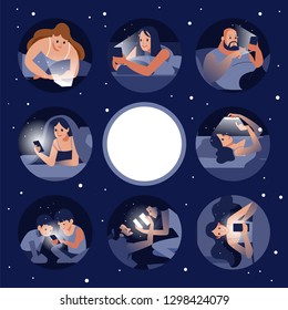 A collection of cute people talking on the phone chatting on social networks. Online communication via the Internet. Сan use for landing page, template, web, mobile app, poster, banner, flyer