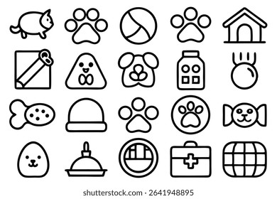 Collection of cute pet icons illustrating pet food toys accessories and health related images for design projects